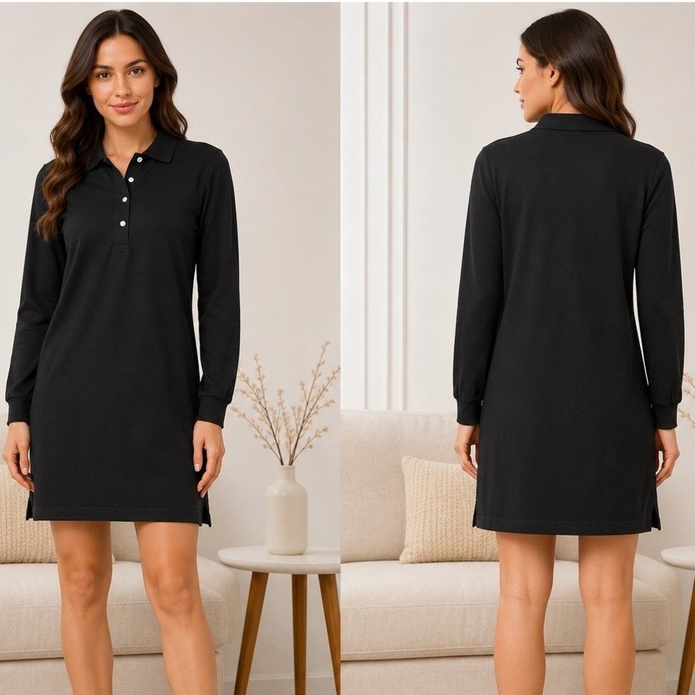 NWT Tuckernuck Polo Mini Dress Medium Black Long Sleeve Pique Knit Dark Academia
